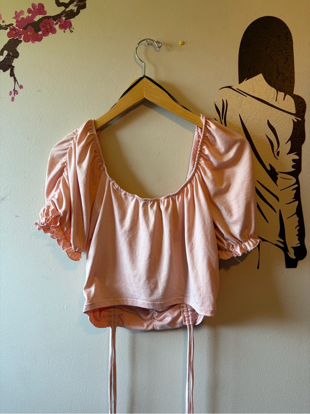 Women's Peach Drawstring Ruched Puff-Sleeve Top - Picture 3 of 7